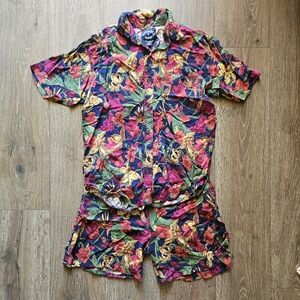 90's Floral Vintage Solutions! Shirt Shorts Set 2PC Summer Beach Pool Hawaiian